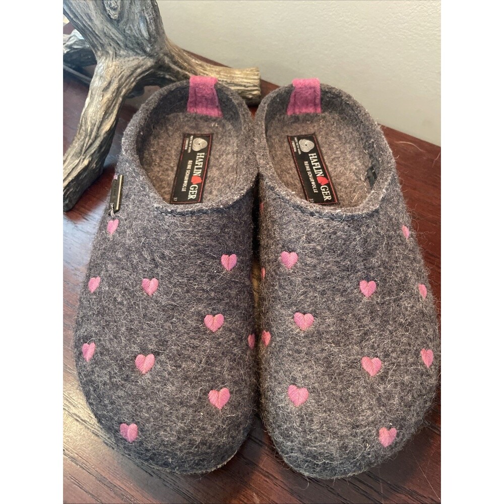 Haflinger Grizzly Cuoricino Slippers Mules Clogs Wool Felt House Shoes Hearts 37
